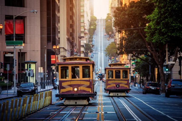 Two cable cars heading to different directions in San Francisco cable car city
